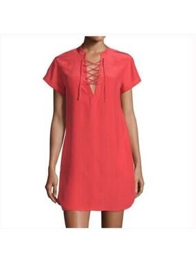 FRAME 100% Silk Blood Orange Lace Up Mini Shirt Dress W/ Pockets Size Small